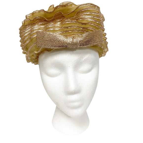 Vintage Georgette Gold Mesh Ruffle Pillbox Bow Hat main image 4